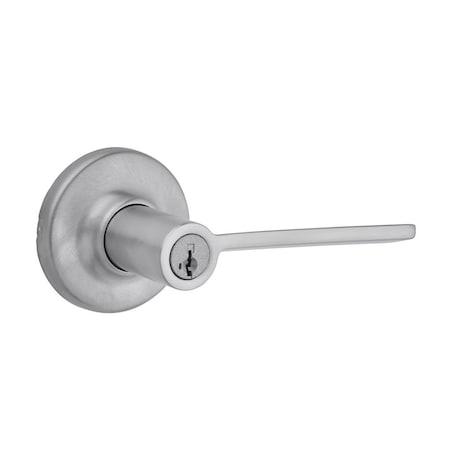 Kwikset Ladera Lever, Round Rose Entry Door Lock SmartKey, and 6AL Latch, RCS Strike Satin Chrome Finish 405LRLRDT-26DS